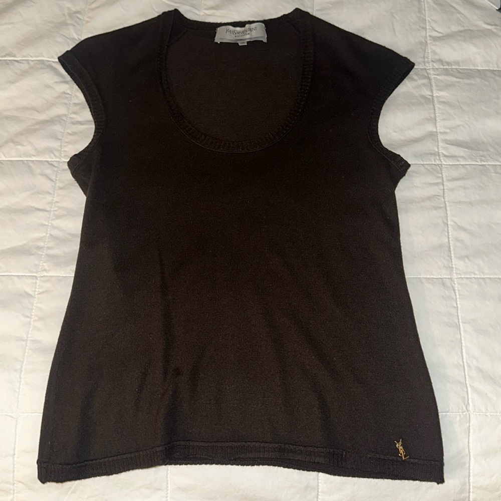 Yves Saint Laurent brown cashmere capped sleeve blouse